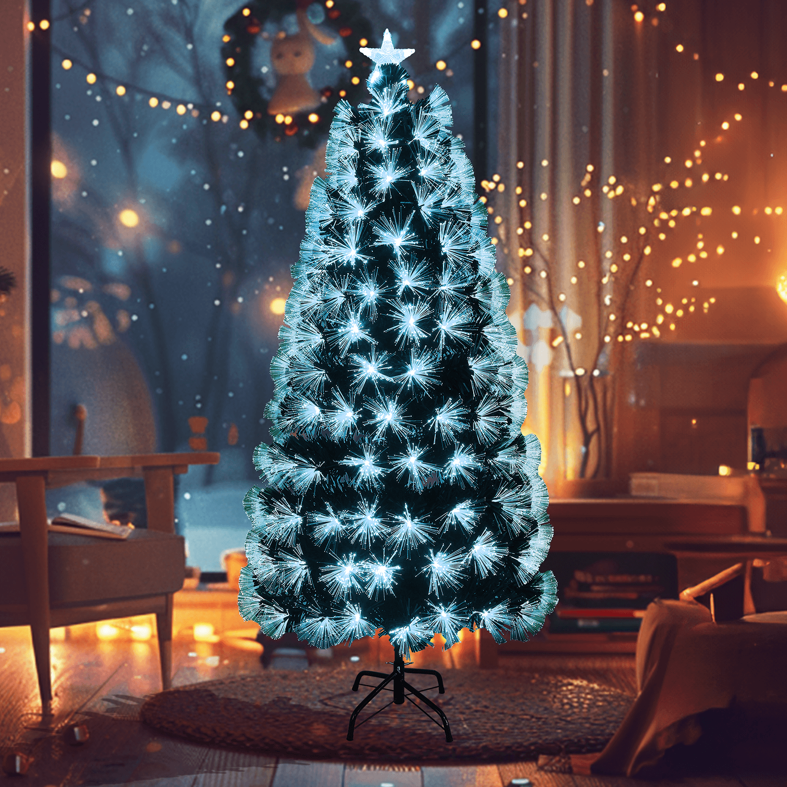 árbol de fibra óptica bajo voltaje, 150 cm, color azul agua, ideal para decoraciones navideñas y ambientes festivos.