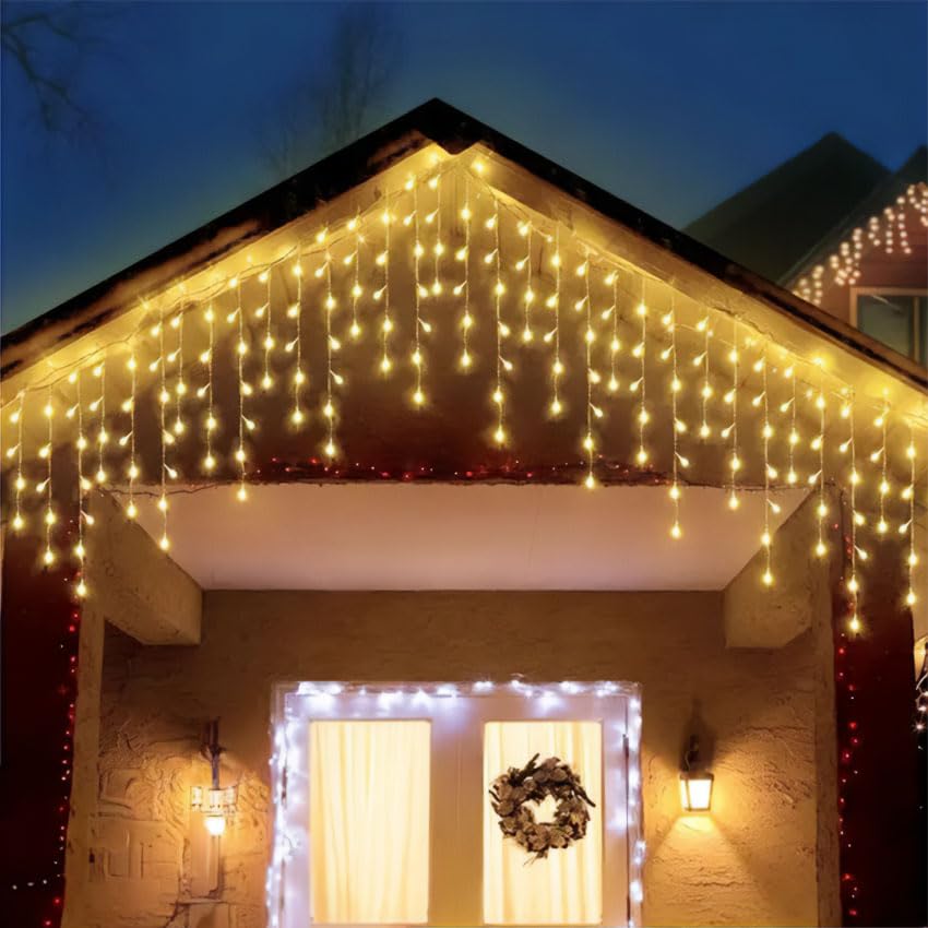 cadenas de luces LED en forma de carámbano, funcionan con 3 pilas AA. Emiten un cálido brillo blanco. Con 10m de longitud y 0.6m de ancho, perfectas para ambientes acogedores y cálidos.