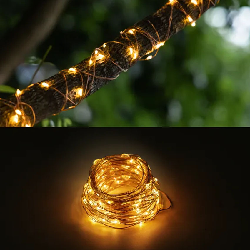 luces LED solares RGBY de cobre, ideales para iluminar espacios exteriores. Transforman tus jardines y terrazas con sus colores vibrantes y te permiten disfrutar de energía renovable.