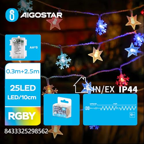 guirnalda de luces con forma de estrella y copo de nieve con batería 3AA, RGBY, 2,5 m